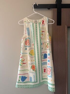 Anthropologie Cream Mini Dress with Multicolor Fruit Print and Green Trim